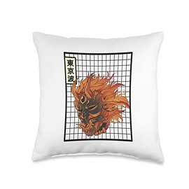 Japanese Demon Mask Oni Mask Grid Japan Aesthetic Anime Throw Pillow