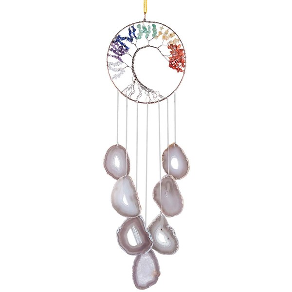 KYEYGWO 7 Chakra Tree of Life Hanging Ornament with Natural Colour Agate Slices, Healing Crystal Hanging Handmade Gemstone Wind Chime Dream Catcher Hanging Decoration for Home Wedding Souvenir
