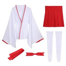 [TOKYO GOODS MARKET] [Kyu Ribon] Large Size Mini Length Shrine Miko's White Knee High Set Kimono Cosplay (S)