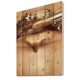 DesignQ Makeup & Lipstick On The Face Of A Beautiful Model Modern & Contemporary Wood Wall Decor, Gold Wood Wall Art, Large People Wood Wall Panels Printed On Natural Pine Wood Art