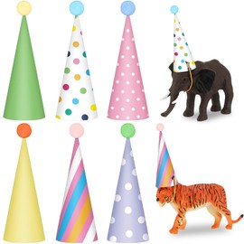 Trandraft 36 Pcs Colorful Mini Paper Cone Birthday Party Hats with Pom Poms and Animal Figures
