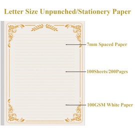 Stationery Lined Paper, Letter Size Unpunched Ruled Filler Paper, 100Sheets / 200Pages Loose-Leaf Line Papers, 100gsm, 8.5'' x 11'', Gold