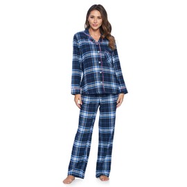 Ashford & Brooks Women's Flannel Plaid Pajamas Long Sleeve Button Down Pj Set, Navy White Blue Plaid, X-Large