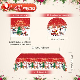 41 piezas de decoraciones de fiesta de Navidad, decoración de mesa de Navidad, juego de vajilla para fiesta de Navidad, platos de papel de Navidad, servilletas y mantel, fiesta de Navidad para 20