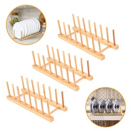 Bamboo Wood Dish Rack, 3 Pack Plate Rack Stand Pot Lid Holder, Bowl Cup Book Pot Lid Cutting Board Drying Rack Stand Drainer Storage Organizer Kitchen Cabinet