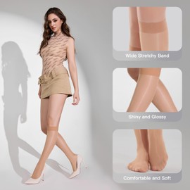 Yilanmy 3 Pairs Knee High Stockings for Women Shiny Oil Bright Nylons Pop Socks Shimmer Silky Glossy Reflection 40D Sheer Socks with Wide Calf One Size（Natural*3）