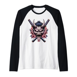 Oni Mask Face Mask Dual Katana Demon Mask Japanese Oni Mask Raglan Baseball Tee