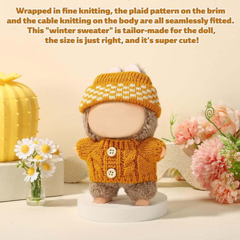 Doll Clothes Set, Handmade Crochet Knitted Button Sweater & Hat