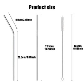 Xolixorium Reusable Straws 4-Pack Stainless Steel Drinking Set, 10.5 inch Dishwasher-Safe Metal Straws with 2 Straight & 2 Bent + Cleaning Brush for Home Travel Office
