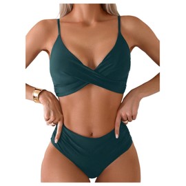 SweatyRocks Women's Two Piece Swimsuit Spaghetti Strap Twist Front Bikini Set Ruched High Waisted Bathing Suits Dark Green Medium
