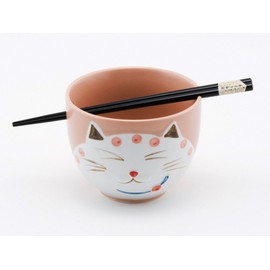 Happy Sales HSRB-CATPNK, Japanese Ramen Udon Noodle Bowl with Chopsticks Gift Set, Smiley Cat Pink