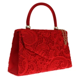 Girly HandBags Lace Satin Top Handle Clutch Bag Handbag Elegant Weeding Party Vintage Party Designer Inspired Womens Fashion -- Red