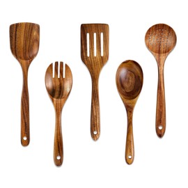 Mooues Wooden Spoons for Cooking, 5 Pcs Wooden Utensils for Cooking Natural Teak Wooden Kitchen Utensils Set