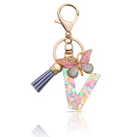MORSUNBELA Keychain Letter Keychain for Girls Purple Butterfly Keychain for Women V Key Ring