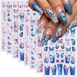 Butterfly Nail Art Stickers Decals Spring Flower Butterfly Nail Stickers for Nail Art 8PCS 3D Self-Adhesive Pink Cherry Blossom Butterfly Design Nail Art Supplies Decals for DIY Nail Art Decorations