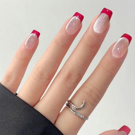 Red French Tips Press on Nails Medium Square Fake Nails Shiny Glitter Acrylic Glue on Nails with Cat Eye, French Tip Nails Press ons Glossy False Nails for Women Girls Manicure 24Pcs