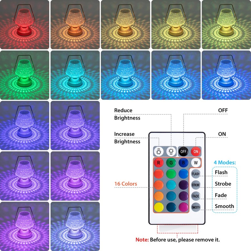 Aigostar LED Crystal Table Lamp, 16 Colours, 4 Modes, Rose