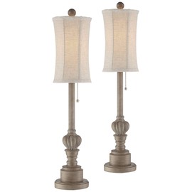 Regency Hill Bertie Traditional French Country Style Buffet Table Lamps 28" Tall Skinny Set of 2 Natural Candlestick Tall Skinny Cream Fabric Bell Shade Decor for Living Room House Home Entryway