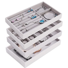 Cajas de Joyería Caja de Almacenamiento de Joyería Bandeja de Caja de Joyería Multifuncionales Caja de Joyería Pequeñas Viaje Portátiles Desmontables de 4 piezas Anillos Aretes Pulseras Collares -Gris
