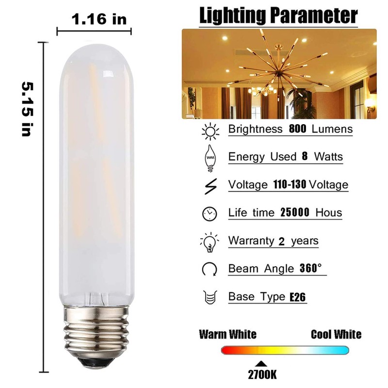 Leools T10 Led Frosted Bulb, 8W Dimmable Tubular LED Light