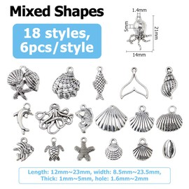 DICOSMETIC 108Pcs 18 Styles Ocean Charms Bulk Sea Animal Charm Alloy Beach Pendants Turtle Shell Starfish Fish Dolphin Charms Antique Silver Conch Charm for Necklace Bracelet Earring Jewelry Making