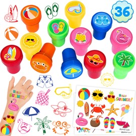 36PCS Beach Party Favors 24 Tattoos Sticker 12 Stamp Set - Ideal Summer Pool Themed Birthday Card Decorations Supplies Goodie Bag Cute Rewards for Boys Girls Classroom Gifts Baby Shower Prizes
