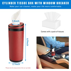 Suvnie Car Tissue Holder, Auto Cylinder Tissue Box with Window Breaker, Leather Round Tissues Container for Vehicle Home Office Use, Travel Facial Tissues Organizer Car Accessories (Wine Red)