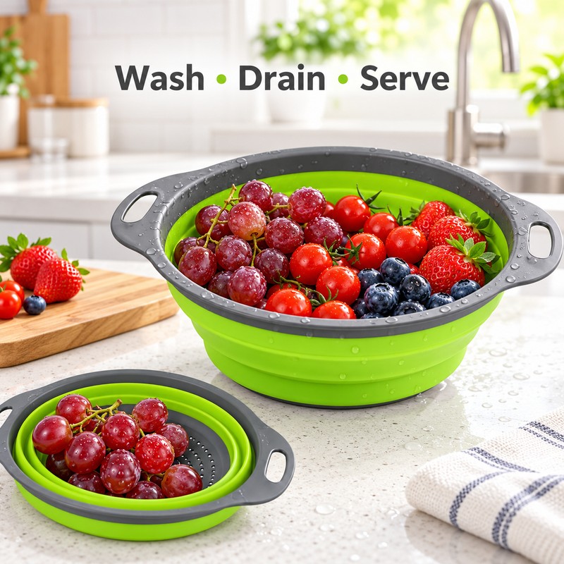 Foldable Silicone Colander for Fruit & Vegetable Washing – Green