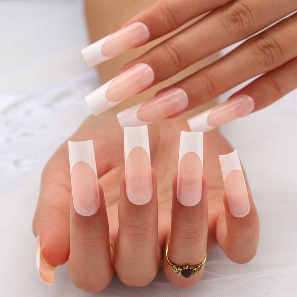 Outyua Square Medium Press on Nails French Wide Glossy False