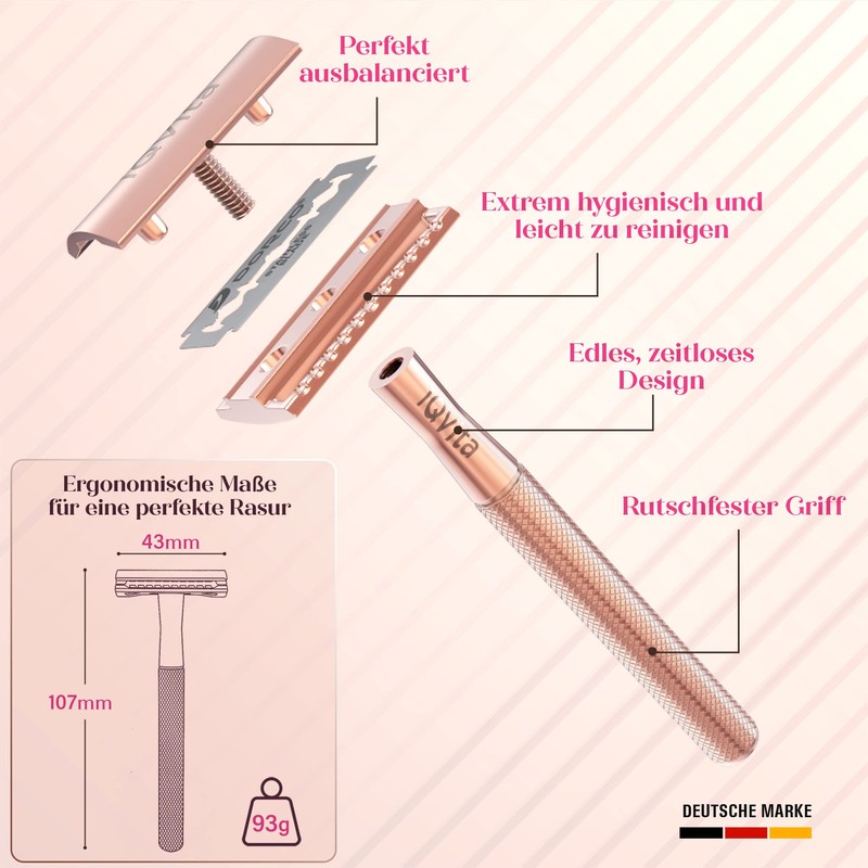 iQVita® Premium Safety Razor Women's - Rose Gold - Incl.