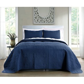 Pure Bedding Quilt Set Full/Queen Size Navy - Oversized Bedspread - Soft Microfiber Lightweight Coverlet for All Season - 3 Piece Includes 1 Quilt and 2 Shams, Geometric Pattern