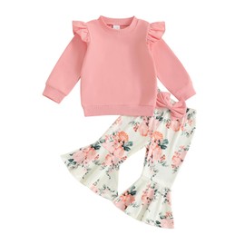 Geagodelia Toddler Baby Girl Fall Winter Outfits Long Sleeve Floral/Butterfly/Strawberry Print Sweatshirt Pullover with Elastic Waist Flared Pants Sets 2Pcs Clothes for Little Girls (Rose, 5-6 Years)