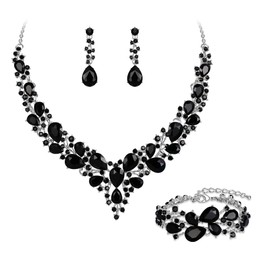 BriLove Bridal Jewellery Set for Wedding Women Austrian Crystal Teardrop Cluster Statement Necklace Dangle Earrings Link Bracelet Black Silver-tone