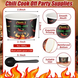 Reallnaive 200 Pack Chili Cook off Party Decorations 9oz 100 Pcs Disposable Sample Cook off Tasting Paper Cups and 100 Pcs Plastic Spoon for Chili Contest Party Supplies