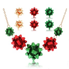 HZEYN Christmas Bow Necklace Earrings Red Green Christmas Bows Choker Necklace Bow Stud Earrings Xmas Holiday Gifts for Women (Green Red Green Glitter)