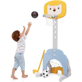 HOMGX Children's Basketball Hoop, Lion Shaped, Portable Indoor and Outdoor Basketball Goal Toy w/ 5 Adjustable Height Levels, Suitable for Young Boys and Girls (Yellow)