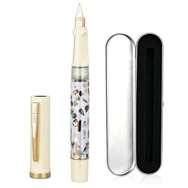 Jinhao 58 Fountain Pen - Natural Sea Shell Inlay Fine Nib Writing Pen with Ink Converter & Silver Metal Gift Box, Ivory White