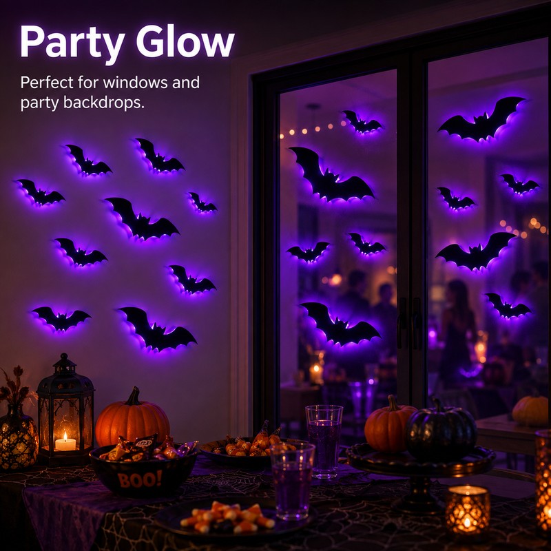 36-Piece LED 3D Halloween Bat Wall Decorations – Light-Up Flying