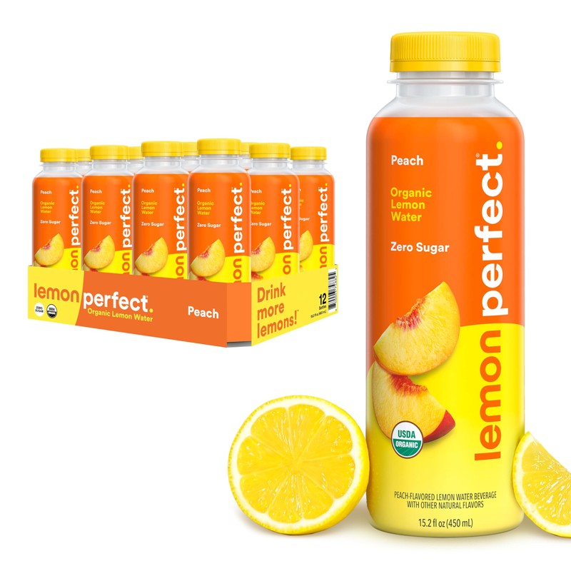 Lemon Perfect Peach, Flavored Lemon Water, Organic, Zero Sugar, Healthy