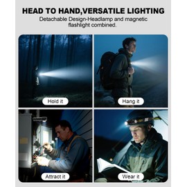 Spriak High Lumens LED Rechargeable Headlamp for Adults - Hard Hat Light Running Head Lamp with Red Light, Magnet, 180° Tilt, 7 Modes, Detachable Flashlight & Headband, Outdoor, Emergency Use 1PC