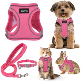 GAMUDA Small Pet Harness Collar and Leash Set, Step in No Chock No Pull Linen Fabric Soft Mesh Dog Vest Harnesses Reflective for Dogs Puppy Cats Kitten Rabbit (Pink, M)