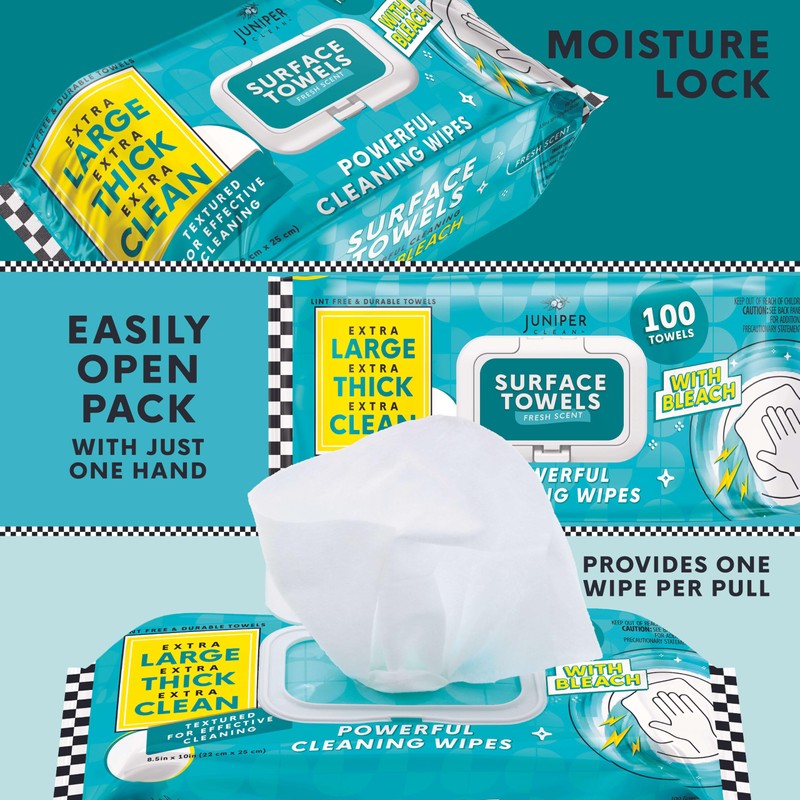 Juniper CLEAN 3 Packs Surface Wipes with Bleach, Thick &