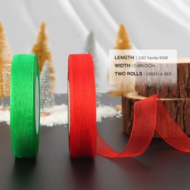 OWill 2 Rolls of Christmas Ribbon, Red and Green Organza Ribbon, 20mm x 45m Each, Clear Chiffon Ribbons for Christmas Wrapping Gift Christmas Tree DIY Crafting