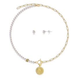 Nifsun Initial Half Pearl Half Chain Necklace Sterling Silver Stud Earrings Dainty Gold Mother of Pearl Choker Letter Pendant Jewelry for Women