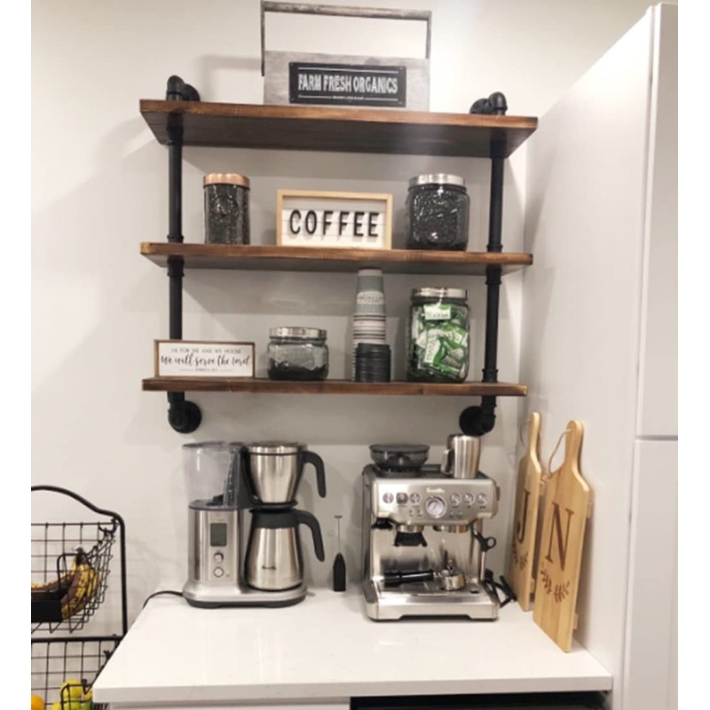 DR.IRON Industrial Pipe Shelves Wall Shelving Rustic Wood Shelf Storage