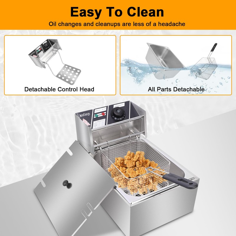 Stainless Steel Deep Fryer, 6.3QT/6L Capacity, 2500W, Temperature Range 140℉-392℉,