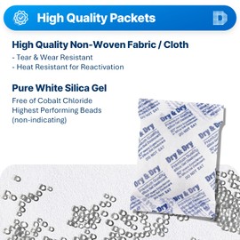 Dry & Dry 50 Gram [20 Packets] Silica Gel Pure & Safe Silica Gel Packets Desiccant(Rechargeable Fabric) - 5 Humidity Indicator Cards(Reusable) Silica Gel Packs
