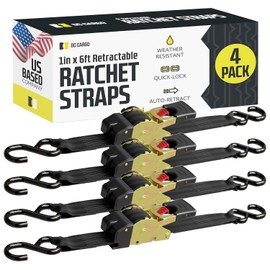 DC Cargo Mall Auto Retractable Ratchet Straps (4-Pack) 1” x 6ft, Heavy Duty, 1,522lb Break Strength – Tie Down Straps for Cargo, Truck, Trailer, Motorcycle, Boat