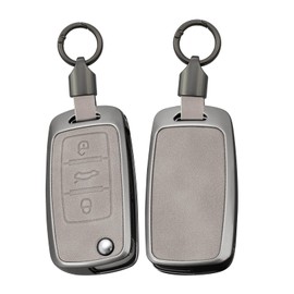 ontto Key Case Fit for Volkswagen 3-Button Key Fob,Metal Key Holder Leather Car Key Shell Key Cover Fit for VW Jetta Beetle Santana Scirocco Eos Tiguan Touran Polo MK5 Passat Golf GTI MK6,Grey