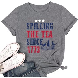 SUEOSU 4th of July Patriotic Shirt for Women American Flag Tshirt Spilling The Tea Since 1773 Shirt Boston Tea Party Tees.(Grey-2,L)